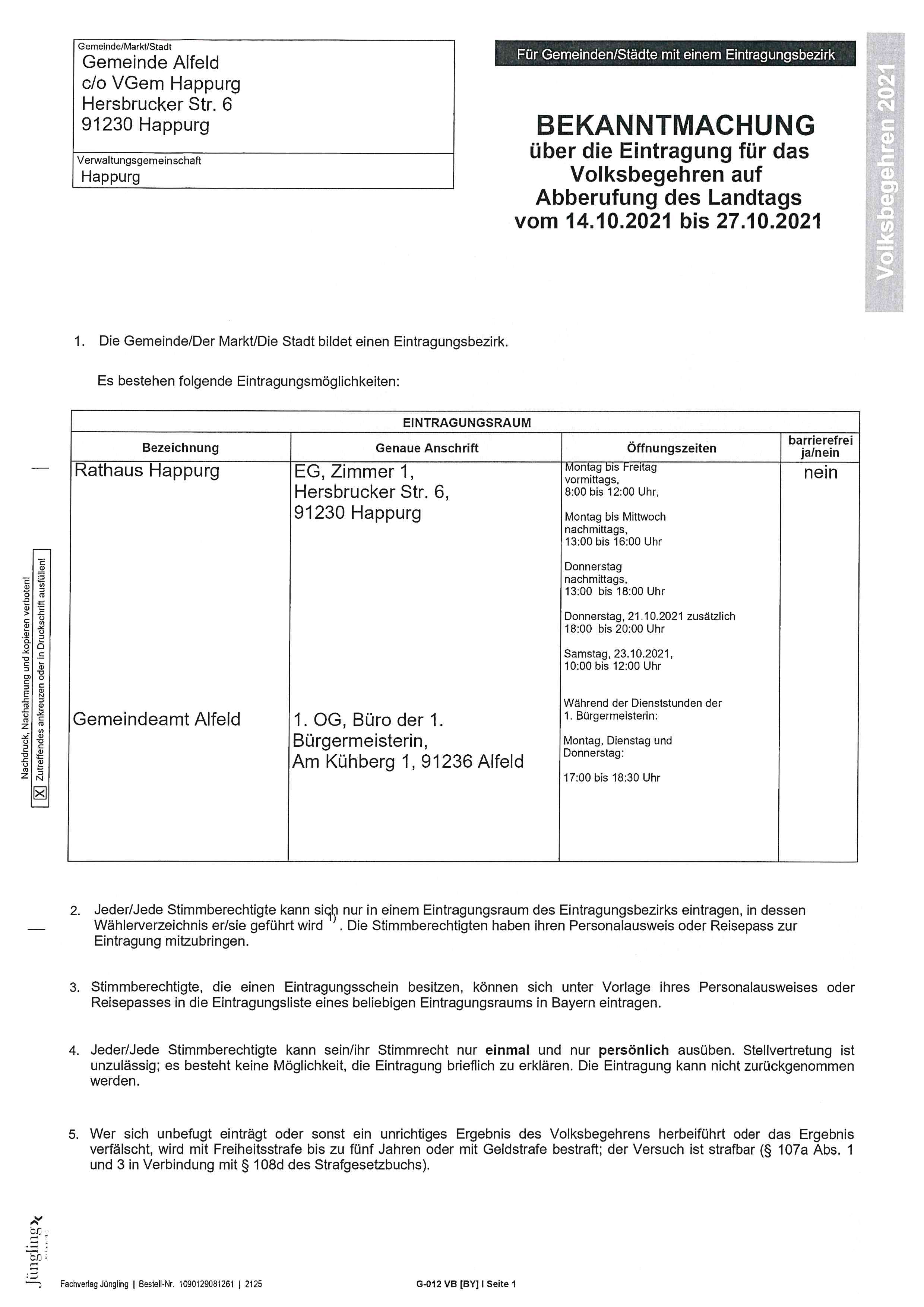 Bekanntmachung Abberufung Landtag Alfeld Seite 1