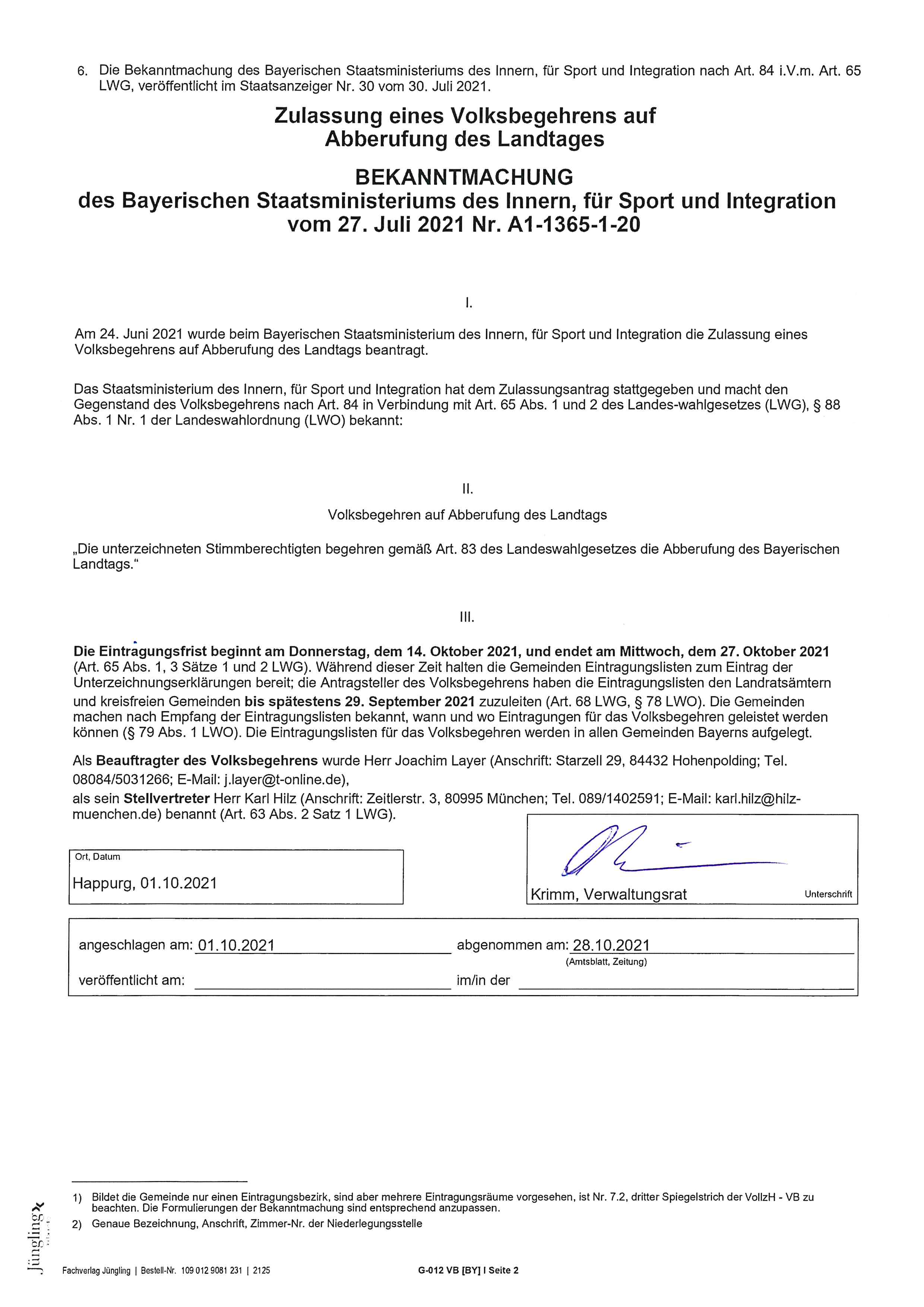 Bekanntmachung Abberufung Landtag Alfeld Seite 2